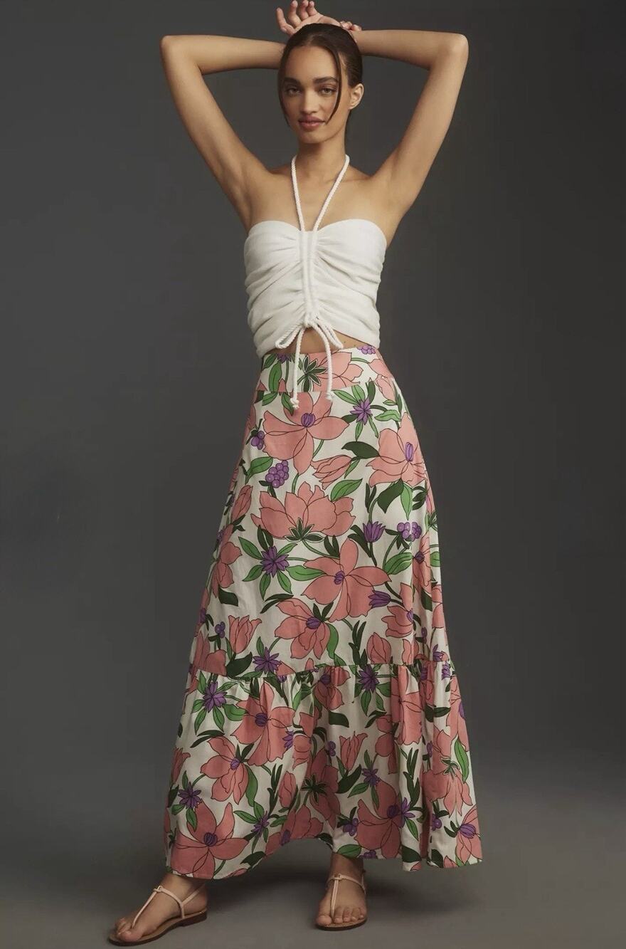 Banjanan Discovery Midi Skirt — Small Pink Purple Floral Block Print Vacation